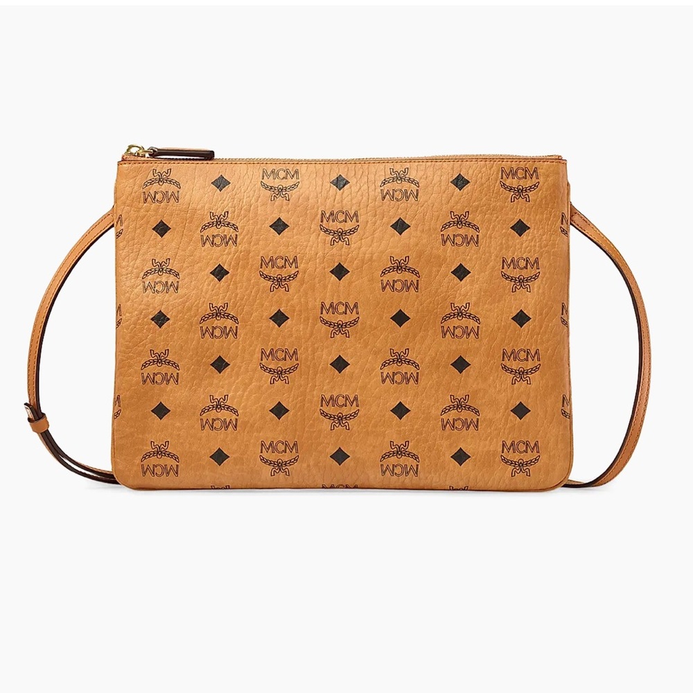 MCM Visetos monogram zip pouch with leather crossbody strap